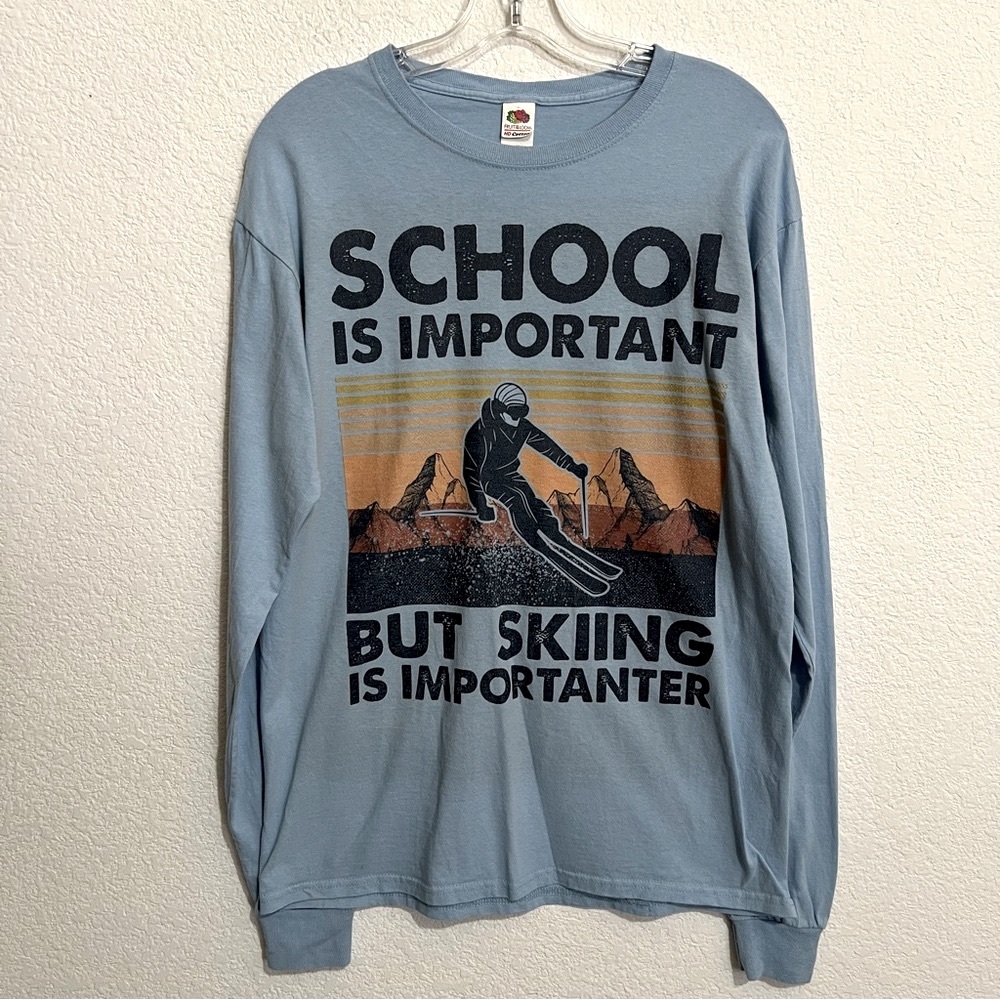 Fruit of the Loom Cotton Blue Graphic Long Sleeve T Shirt Medium Unisex